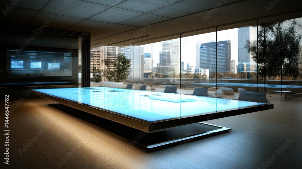 Fototapeta premium Futuristic, interactive meeting table in modern office