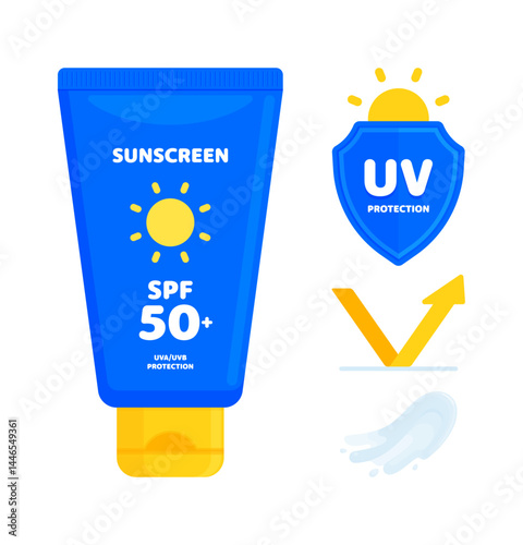 Sunscreen SPF 50 tube with UV shield and other sun protection symbols. UVA/UVB sunblock, summer, skincare concept. Flat vector illustration isolated on white background	
