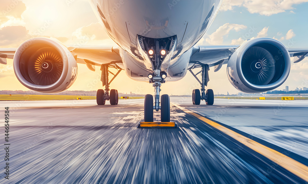 Fototapeta premium Airplane facing forward on runway. Wheels and engine details visible. Sky with clouds