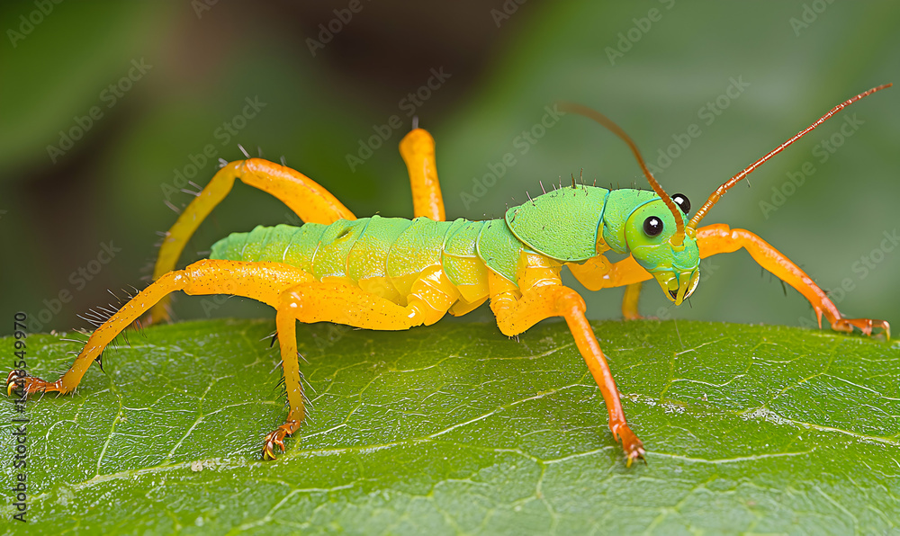Fototapeta premium Green and yellow grasshopper rests on leaf. Long antennae and detailed features