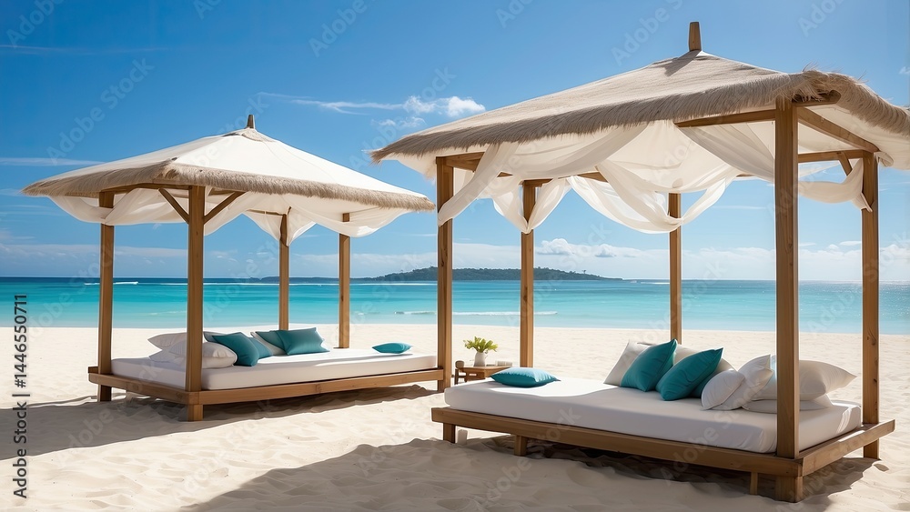White beach cabanas with sheer white curtains, White beach cabanas with sheer white curtains,