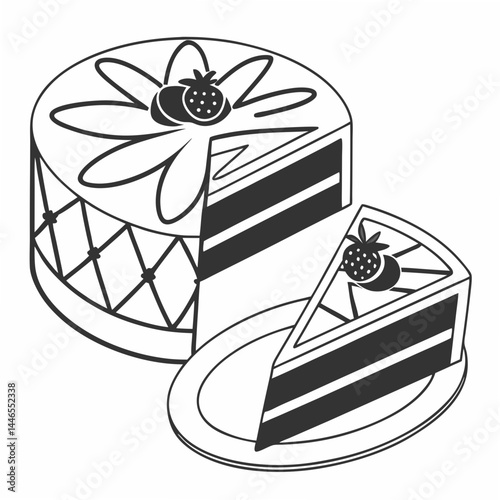 Cake Slice On Plate Delicious Dessert Sweet Bakery Isolated Outline Food