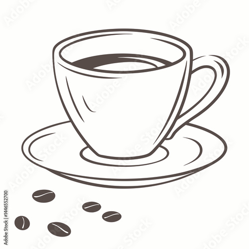 Coffee Cup And Beans Outline Illustration On White Background Vector Graphic