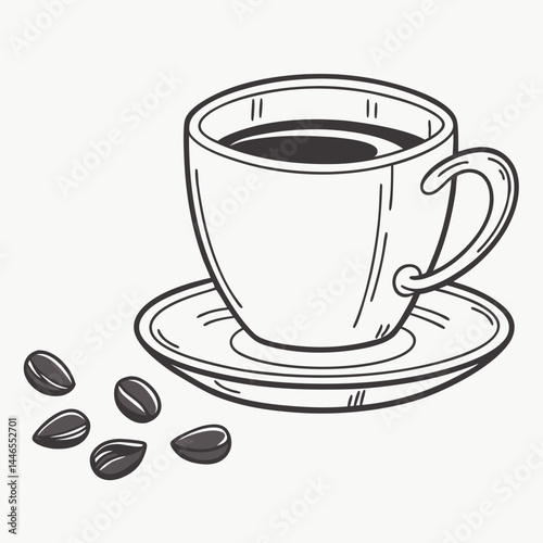Elegant Cup Of Coffee With Beans Sketch On A White Background