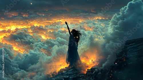 Solitary figure gazing at fiery clouds contemplative surreal scene visual art piece for design editorial or commercial use