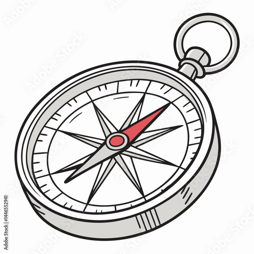 Silver Framed Compass Illustration With Red North Needle Detailed Navigation Instrument