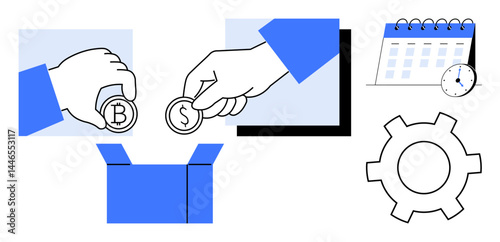 Hands exchanging bitcoin and dollar coins above a box, accompanied by a calendar, clock, and gear. Ideal for finance, investment, cryptocurrency, savings, workflow management simple landing page