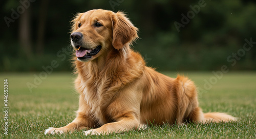 Golden retriever lying down on the lawn showing happiness and serenity photo