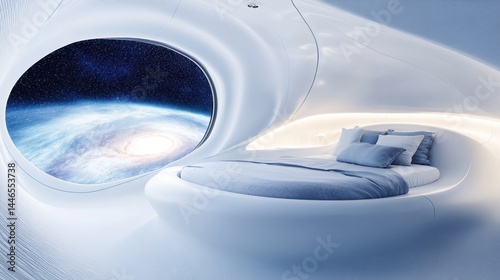 Fototapeta Naklejka Na Ścianę i Meble -  Futuristic spaceship bedroom with Earth view