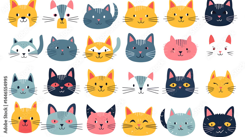 Obraz premium Square Abstract Faces of Cats with Emotional Expressions for Design Projects