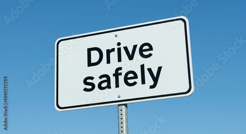 A white sign with the words drive safely on it against a clear blue sky on a metal pole outdoors