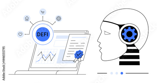 Computer screen with DeFi network, financial graphs, certificate, and connected AI robot head with gear. Ideal for fintech, blockchain, automation, AI, innovation digital economy simple landing