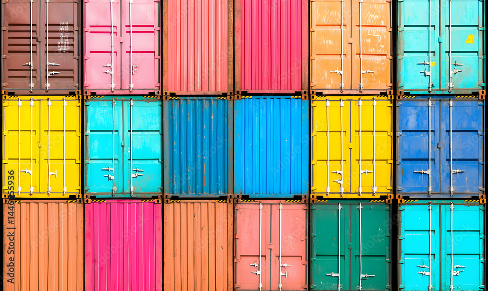 Fototapeta premium Stacked vibrant shipping containers form a colorful pattern, doors shut, ready for global commerce and transport