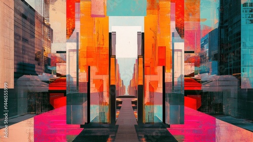 Vibrant abstract cityscape with geometric symmetry and digitized architecture