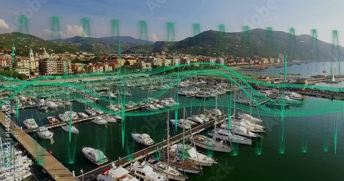 Sailboat and motor yacht cluster gliding through marina waters, showing digital 3D waveform overlay