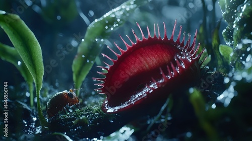 Venus Flytrap's Feast: An intimate view of a Venus flytrap, its vibrant crimson jaws agape to snare an unsuspecting insect in a flourishing natural scene.