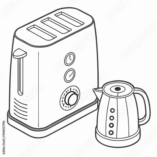 Black And White Outline Illustration Of Toaster And Kettle Set Appliances