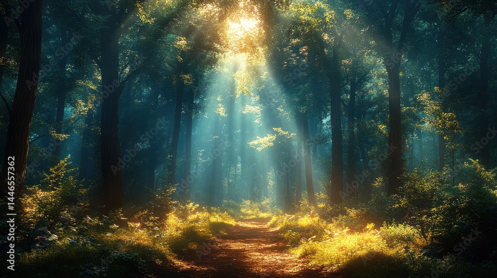 Obraz premium Sunbeams Illuminating a Mystical Forest Path