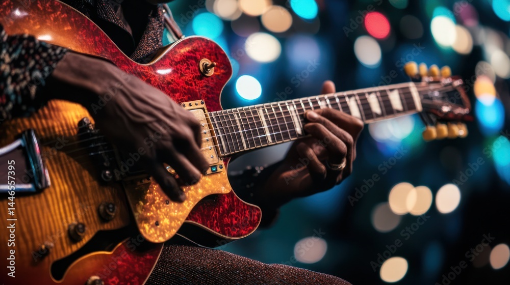 Obraz premium Close-up of a musician's hands playing a sunburst hollow-body electric guitar on a dark stage with bokeh lights