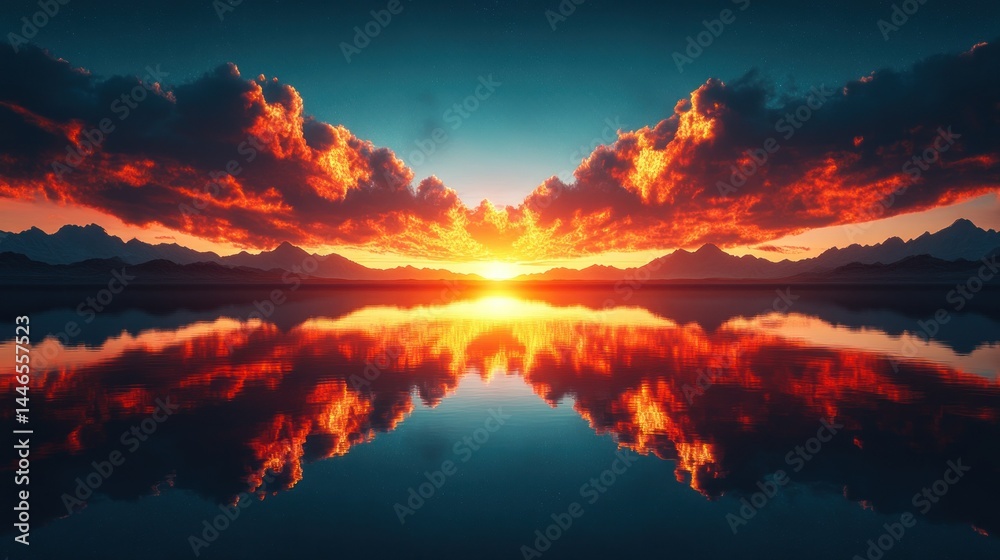 Fototapeta premium Fiery sunset reflected on calm water