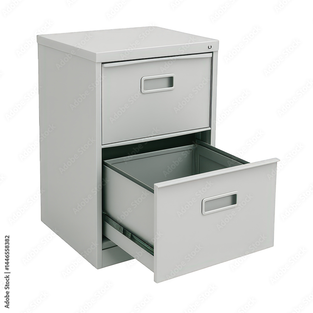 Essential office furniture a two-drawer light gray metal filing cabinet with the bottom drawer extended, ready for organization. Essential office furniture a two-drawer light gray metal filing cabinet with the bottom drawer extended, ready for organization.