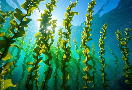 Sun-dappled kelp forest, swaying gently in a tranquil underwater scene, seabed, marine