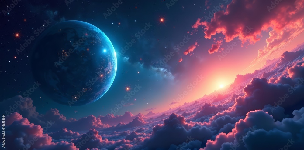 Fototapeta premium Surreal space scene with shining stars and ethereal planets, planets, glowing, space