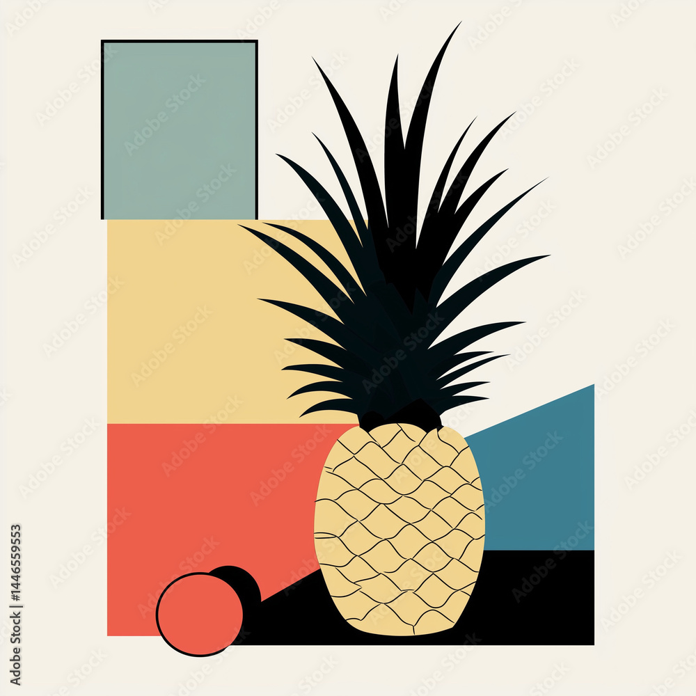 Ilustração vetorial de um abacaxi em estilo minimalista, com poucas cores sólidas e sem sombras ou gradientes. Ideal para design gráfico, com fundo branco limpo e estética moderna e simples