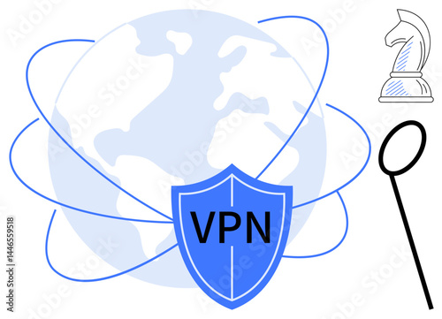 Earth globe with connecting lines, VPN shield as security, chess knight and magnifying glass as strategy and analysis. Ideal for cybersecurity, privacy, networking, analysis, strategies, internet