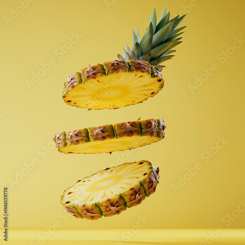 Abacaxi cortado em fatias flutuando no ar sobre fundo amarelo. Foto hiper-realista em alta resolução, ideal para publicidade de alimentos e projetos tropicais vibrantes
