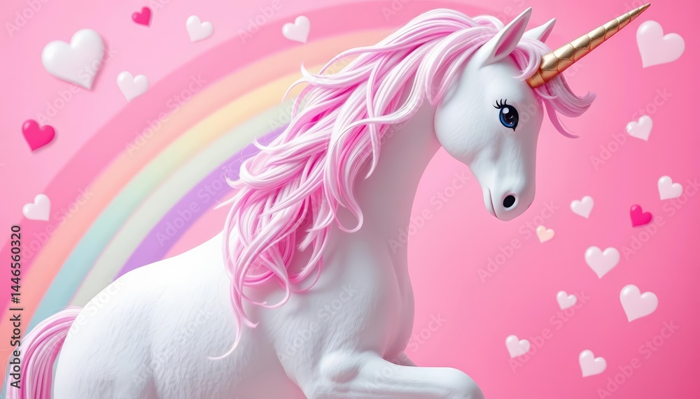 Naklejka premium Whimsical unicorn, rainbow, hearts, pink background, fantasy, magic, pretty, artwork