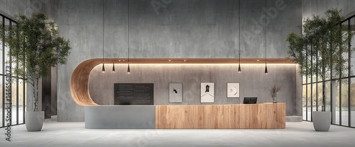 Modern lobby with curved wooden desk, plants, and art pieces. Concrete walls and ambient lighting