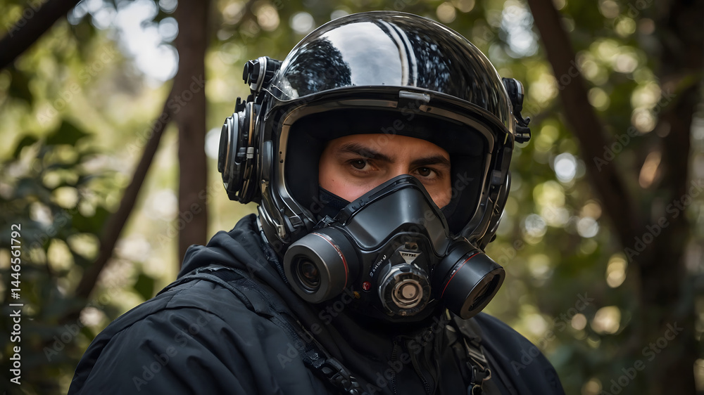 Portrait of Individual Wearing Tactical Gas Mask and Helmet in Woods Portrait of Individual Wearing Tactical Gas Mask and Helmet in Woods