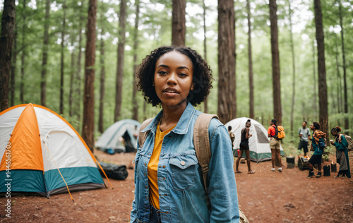 young woman camping in a fo...