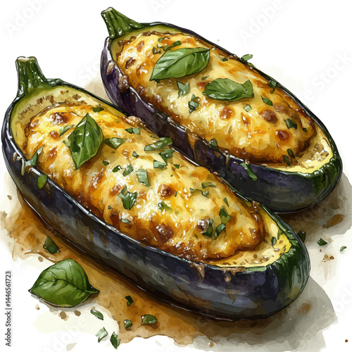 Stuffed Zucchini Boats With Cheese Topping, vector watercolor illustration, isolated on a white background.