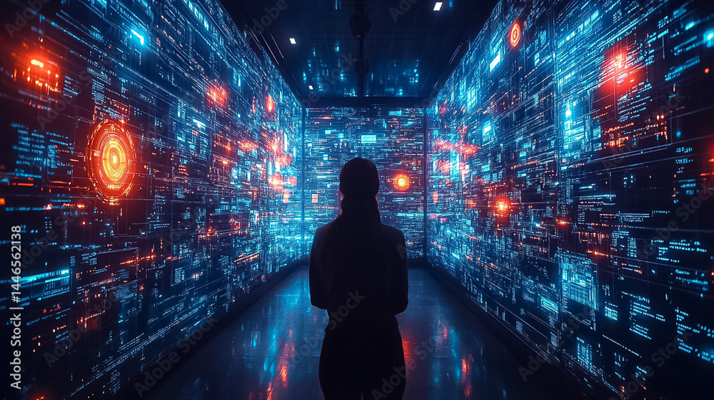 Fototapeta premium Person Silhouetted in a Futuristic Room with Glowing Digital Data Streams