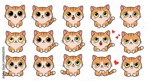 Expressive collection of adorable cartoon orange tabby kittens with diverse emotions