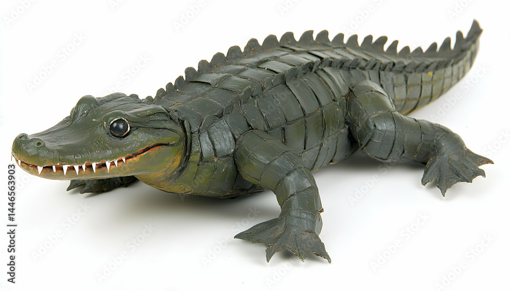 Fototapeta premium Detailed close-up of a handcrafted alligator figurine, showcasing its textured skin and sharp teeth. Ideal for educational, decorative, or artistic projects.