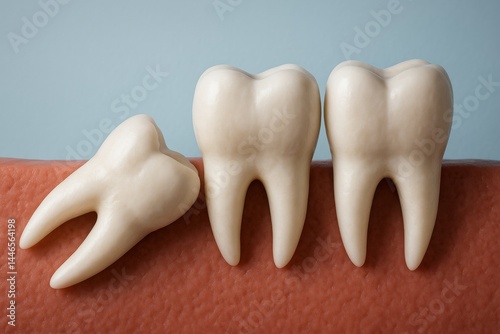 Wisdom tooth emerging on gum, causing misalignment and various dental issues, leading to the need for extraction surgery by a dentist to restore oral health and alleviate pain