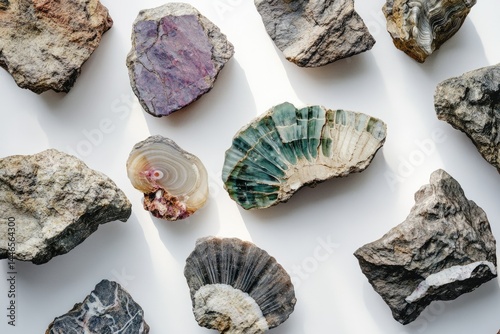 A collection of various unique and colorful rocks and minerals displayed on a white background.