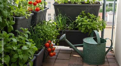 A balcony garden with tomato plants herbs and a green watering can on a brick tiled floor outside home