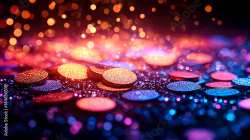 Vibrant Glitter Discs Sparkling in Blue Red and Gold on Glossy Black Surface with Bokeh Lights Abstract Background