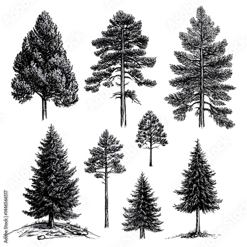Highly detailed illustrations of various trees, leaves, grasses, and botanical elements, featuring realistic, minimalist, and abstract compositions on a white background.