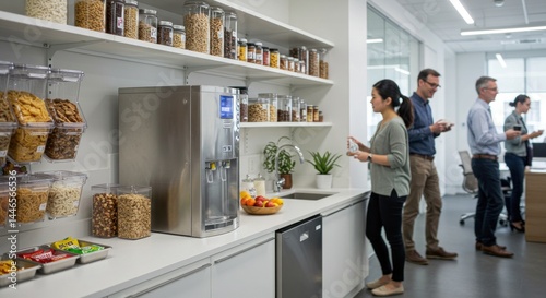 Office Break Room with Snacks and People - Photo