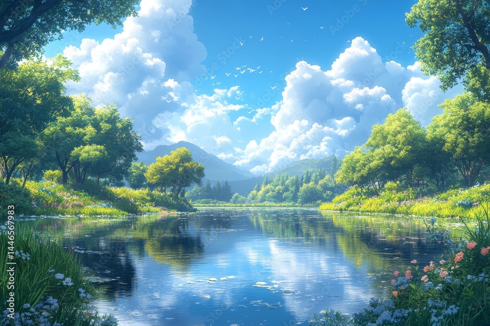 Serene lake, lush trees, sunny sky, mountains; idyllic nature scene Serene lake, lush trees, sunny sky, mountains; idyllic nature scene