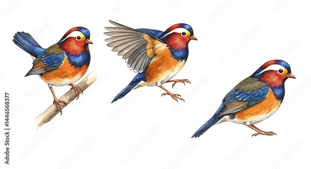 Obraz premium Colorful Rufous-backed Sibia Birds Illustration Set One Perched and One Flying