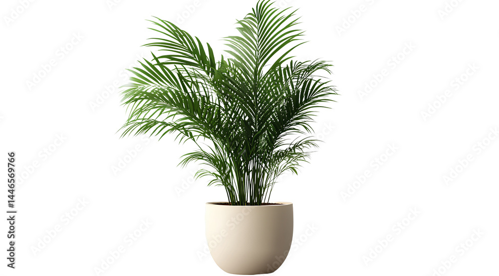 Fototapeta premium Potted palm plant isolated on transparent background, cutout PNG file for graphic design elements. The photograph of the potted palm tree is taken from above.