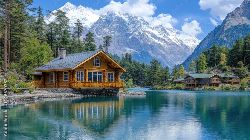 Fototapeta premium Lakeside log cabin amidst snowy peaks