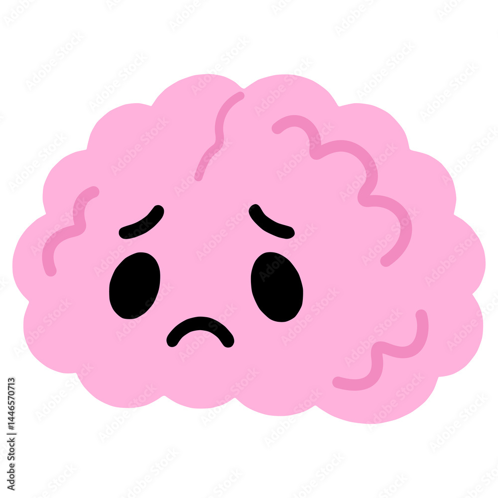 cartoon brain with sad face expression and wavy lines isolated on white background. Depression, burnout, sad, apathy, mental problems concept. cartoon brain with sad face expression and wavy lines isolated on white background. Depression, burnout, sad, apathy, mental problems concept.
