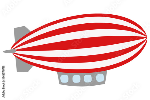 Cartoon red and white striped airship with gray tail fin and passenger cabin floating isolated on white background.